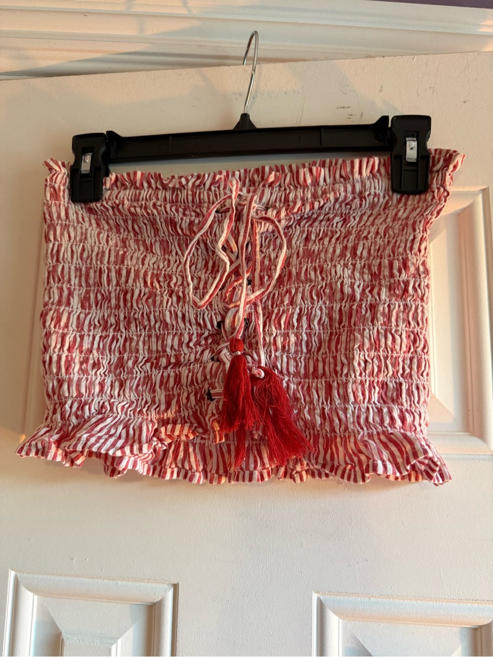 American Eagle Outfitters Red and White Smocked Crop Top